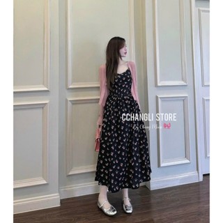 Đầm Hè In Hoa - Chất Lụa, 2 Dây Maxi, Kèm Áo Khoác Tay Dài Thun Gân (2 Màu)