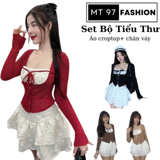  Set Áo Croptop Tay Dài Thắt Nơ Phối Chân Váy Voan Tầng MT97 FASHION Set Bộ Đồ Nữ Đen Trắng Sang Chảnh Tôn Dáng Siêu Xinh 
