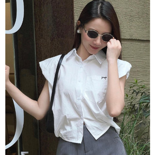 Áo sơ mi trắng tay hến độn vai thêu nơ ngực lưng chun sau co giãn dễ phối đồ