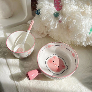Set Bát Đĩa Sứ Hình Heo Hồng Happy Pig 3 Món – Bộ Đồ Ăn Gốm Sứ Có Tay Cầm Nhiều Hoạ Tiết