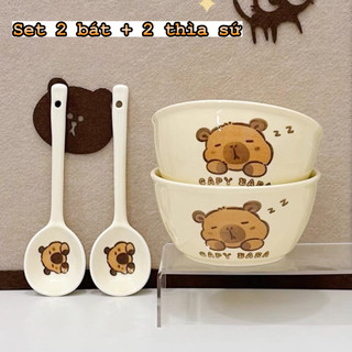 Bộ 2 bát kèm 2 thìa bằng sứ hoạ tiết chuột capybara cute
