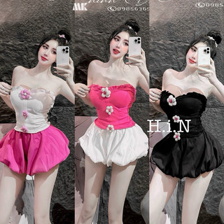 Set bộ áo ống cúp 3 bông hoa croptop viền bèo + quần bí phồng tuyết mưa 2 lớp