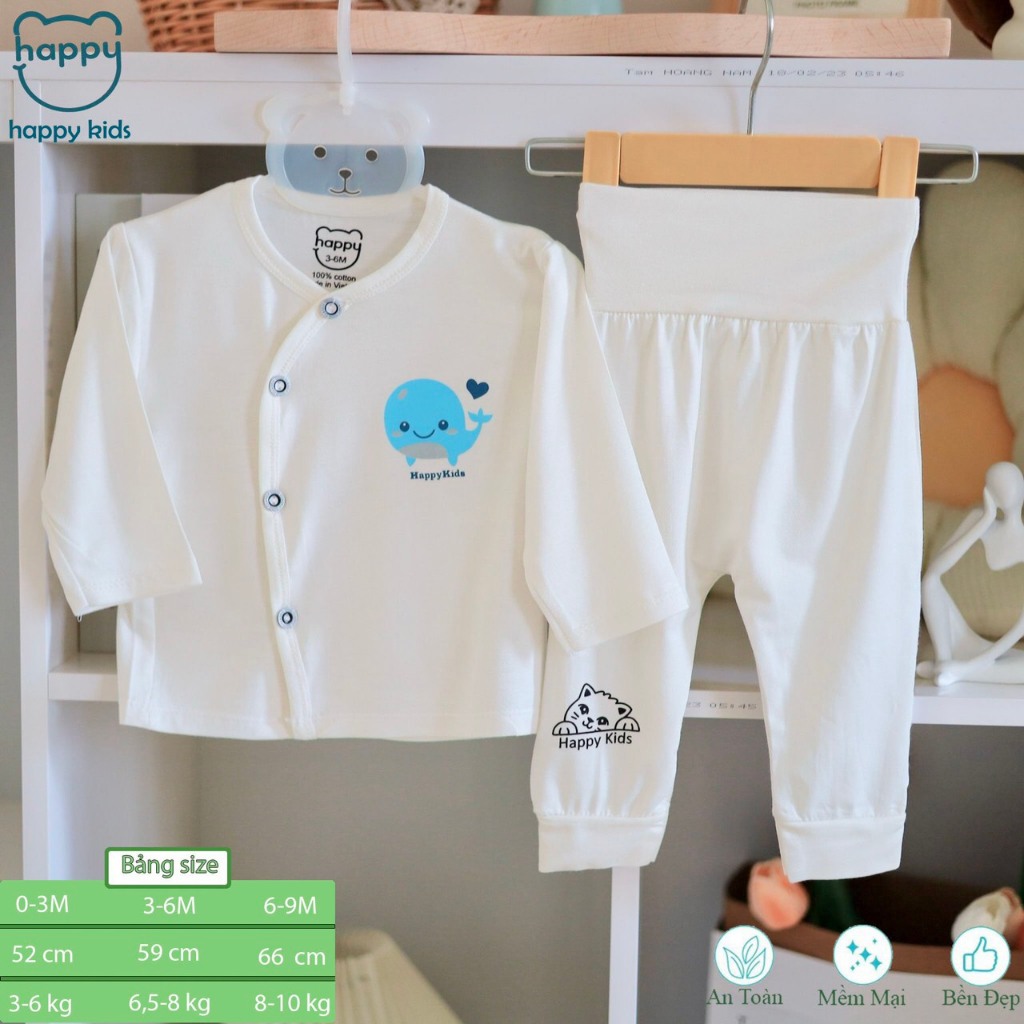 BD1. Bộ quần áo sơ sinh dài tay cạp cao Happy Kids chất liệu thun lạnh mềm mịn mỏng mát cho bé từ 3 - 8.5kg