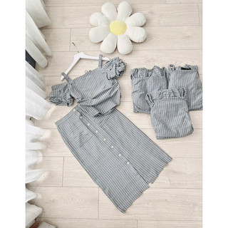 Set áo kẻ đũi phối chân váy