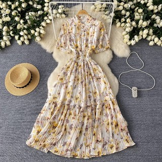 #4980 [Order] Đầm Quảng Châu tay ngắn xếp ly hoa nhí chun eo có lót trong freesize siêu xinh