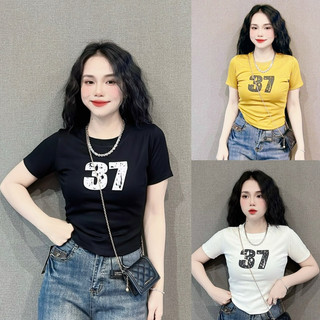 Áo thun nữ PHOM ÔM phối chữ vạt ngang phom ngắn ( Mã 37 nổi )