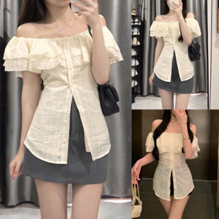 Áo bẹt trễ vai 2 tầng kiểu ôm bồng tay ngắn xẻ tà tiểu thư voan xốp xinh VANISA CT063