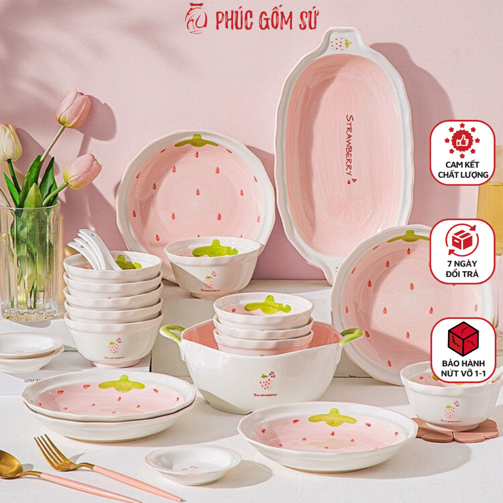 Set bát đĩa sứ, bộ bát đĩa màu hồng họa tiết dâu tây, bát đĩa decor cao cấp phong cách hiện đại dễ t