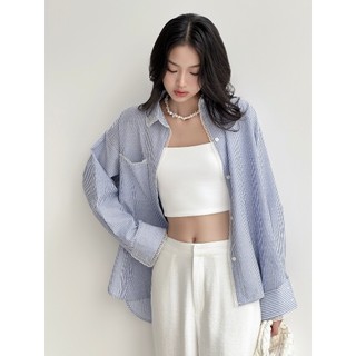 Áo Sơ Mi Kẻ Sọc Xanh Phối Viền Ren Trắng Oversize - HOO DESIGN
