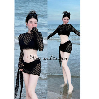 Set bikini 4 chi tiết áo lưới đen