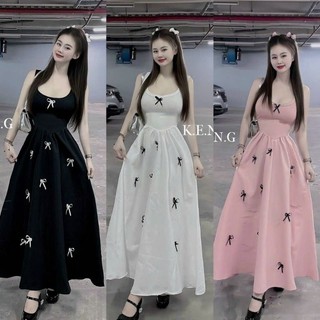 🛒 Đầm Sát Nách Ba Lỗ Cổ Vuông Đính Nơ - Phối Tùng Xòe Đính Nơ - Xòe Dài Maxi Ôm Body Sexy - Tiểu Thư Bánh Bèo Cute