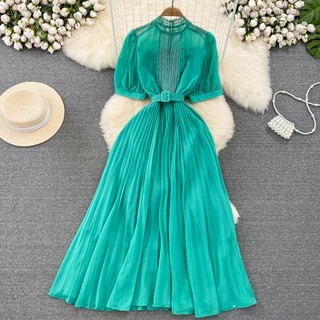 HA2811 [Sẵn một số màu] Đầm Quảng Châu tay ngắn cổ tròn có lót trong voan siêu xinh màu trơn vintage thanh lịch