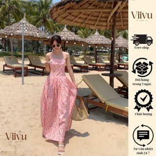 Váy maxi cup ngực đi biển dáng dài hoạ tiết hoa hồng siêu xinh, đầm đi biển phong cách Hàn Quốc