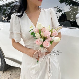Bó hoa cưới cầm tay cô dâu hoa Tulip giả cao cấp, hoa Rum Calla Lily phong cách Hàn Quốc