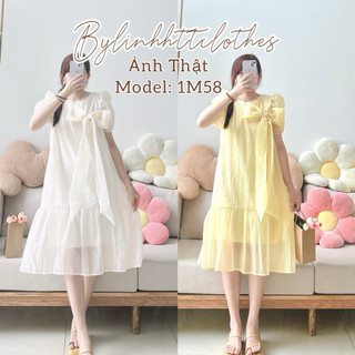 2 lớp- Đầm babydoll tay ngắn phối nơ tơ nến dáng suông dễ thương váy tiểu thư 2 lớp freesize