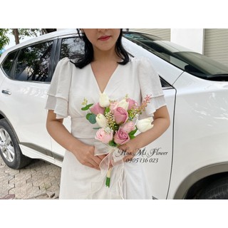 Hoa cưới cầm tay cô dâu hoa cưới Tulip lụa cao cấp, hoa cầm tay phối hoa hồng sáp thơm - Mẫu mới
