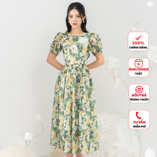 Đầm hoa nhí nữ FIONA dáng xòe váy công sở thiết kế cổ xếp ly hoa trang trí ngực phù hợp đi làm đi chơi F452728