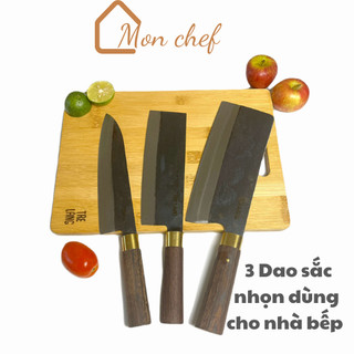 Bộ dao nhà bếp Thép Nhíp Đỏ Ôtô MonChef - Chuôi Gỗ Mun Cẩm Đinh Đồng, Lưỡi Dao Dập Vân Chống Dính