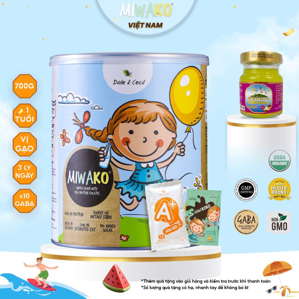 Sữa Hạt Miwako Vị Gạo Hộp 700g + Gói Sữa Dùng Thử Miwakoko Vị Cacao 30g + Miwako A+ Vị Vani 30g - Miwako Official Store