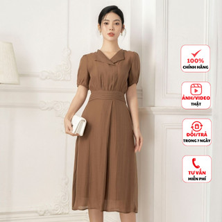Đầm công sở nữ FIONA dáng xòe váy xếp ly thiết kế cao cấp cổ bẻ chất liệu tơ mềm mại màu sắc trẻ trung F413139