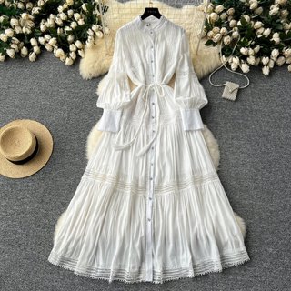 HA4989 [Sẵn một số size] Đầm Quảng Châu dài tay cổ chân viền ren kèm dây buộc vintage retro váy xinh đủ size thanh lịch