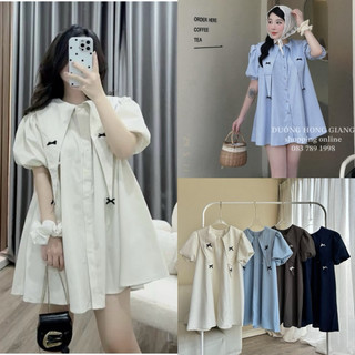 Váy Babydoll cổ nhọn đính nơ, tay bồng form rộng, Lipeo.store