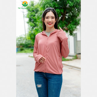 Áo chống nắng cotton dệt kim nữ dáng ngắn có mũ, kéo khoá, túi 2 bên thời trang Việt Thắng  A13.2401