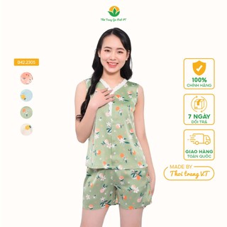  Bộ lụa mặc nhà nữ Việt Thắng , quần đùi, áo sát nách cổ V - B42.2305