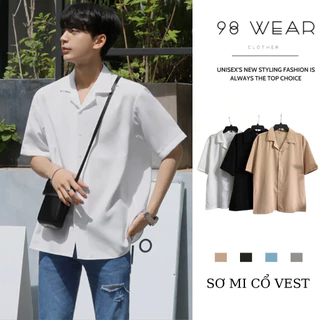 Áo sơ mi tay ngắn cổ vest nam nữ form rộng sơ mi tay lỡ, chất vải lụa mịn chống nhăn