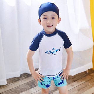 Đồ bơi bé trai, áo bơi ngắn tay họa tiết cá mập kèm mũ popo sw9045