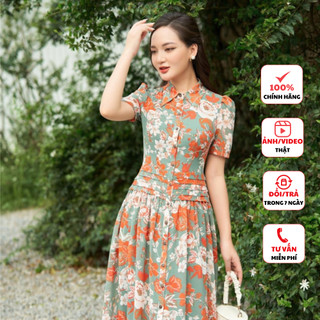 Đầm thiết kế cao cấp FIONA váy công sở nữ dáng dài xếp ly họa tiết hoa nhí trẻ trung F413111