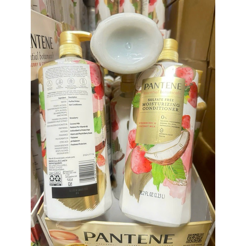 Dầu gội và xả Pantene Mỹ, phiên bản limited. Năm nay là Pan.tene Essential Botanicals Strawberry & coconut milk