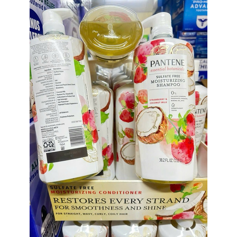 Dầu gội và xả Pantene Mỹ, phiên bản limited. Năm nay là Pan.tene Essential Botanicals Strawberry & coconut milk