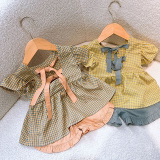 Set đồ bé gái mặc đi học đi chơi, cho trẻ em từ 0-5 tuổi, chất đũi họa tiết caro Hapykids 24B17