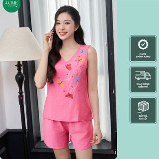 Đồ Bộ mặc nhà Nữ Chất Đũi BamBoo quần đùi áo cổ tim V Cao Cấp Siêu Mát-Avime Fashion