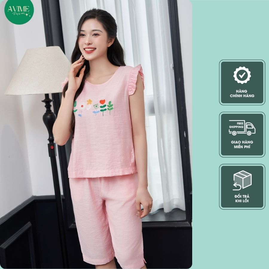 Đồ Bộ Mặc Nhà, Pijama Lửng Chất Đũi -Đồ Bộ Nữ Chất Đũi BamBoo Cao Cấp Áo Cánh Tiên Quần Lửng Siêu Má