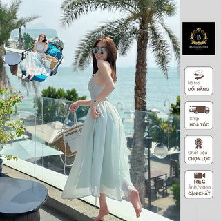 Váy maxi cổ yếm dáng xòe,đầm yếm nữ hở lưng sang chảnh, đầm yếm khoét eo vải tơ óng màu xanh ngọc Baobao store - B15