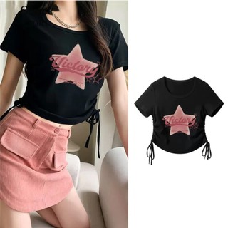 Áo thun Croptop Rút Dây Ngôi Sao Victory nữ xinh xắn 2 màu đen trắng dễ thương