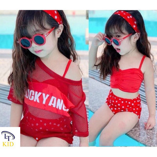 Đồ bơi bé gái, set bikini 4ct: bộ bơi 2 mảnh, áo lưới và băng đô cho bé 15-35kg