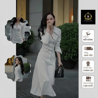 Đầm váy công sở dáng dài, váy sơ mi trắng dài tay, hách eo phong cách trẻ trung, thanh lịch B68