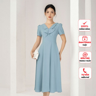 Đầm công sở dáng xòe FIONA màu xanh ngọc váy thiết kế cao cấp cổ bèo xếp ly nhẹ nhàng trẻ trung F413032