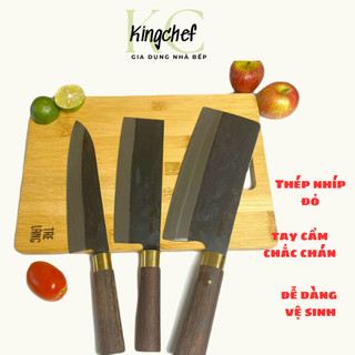 Bộ dao nhà bếp thép nhíp đỏ ôtô king chef - chuôi gỗ mun cẩm đinh đồng, lưỡi dao dập vân chống dính