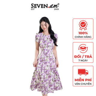Đầm xoè ngắn tay hoa tím thời trang nữ Seven.AM OD0122I