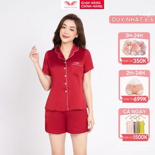 Đồ bộ mặc nhà pijama lụa trơn cao cấp VINGO tay ngắn quần cộc dáng eo H153 VNGO