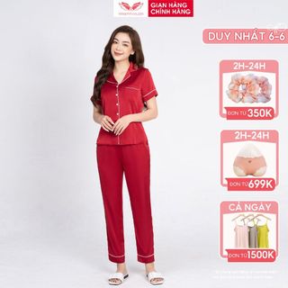 Đồ bộ mặc nhà pijama lụa trơn cao cấp VINGO tay ngắn quần dài dáng eo màu đỏ H217 VNGO