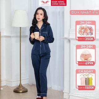 Bộ Pijama lụa mặc nhà cao cấp VINGO tay dài quần dài dáng eo mặc mùa Hè thoải mái H253 VNGO