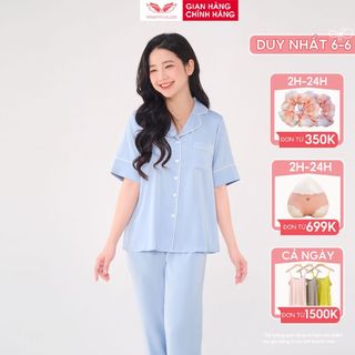 Pijama lụa bộ đồ ngủ mặc nhà cao cấp mùa Hè VINGO tay ngắn quần dài dáng suông thanh lịch H1036 VNGO