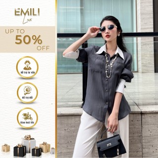 Áo sơ mi cổ bẻ phối cách Emili sơ mi kiểu chất tơ ánh phong cách đi làm đi tiệc 