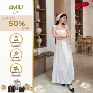 Đầm trắng cổ vuông Emili đầm tai bèo dáng dài đi biển kiểu xinh 