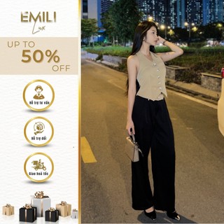 Set áo ghi lê kiểu nữ Emili phối quần ống suông tôn dáng phong cách công sở 